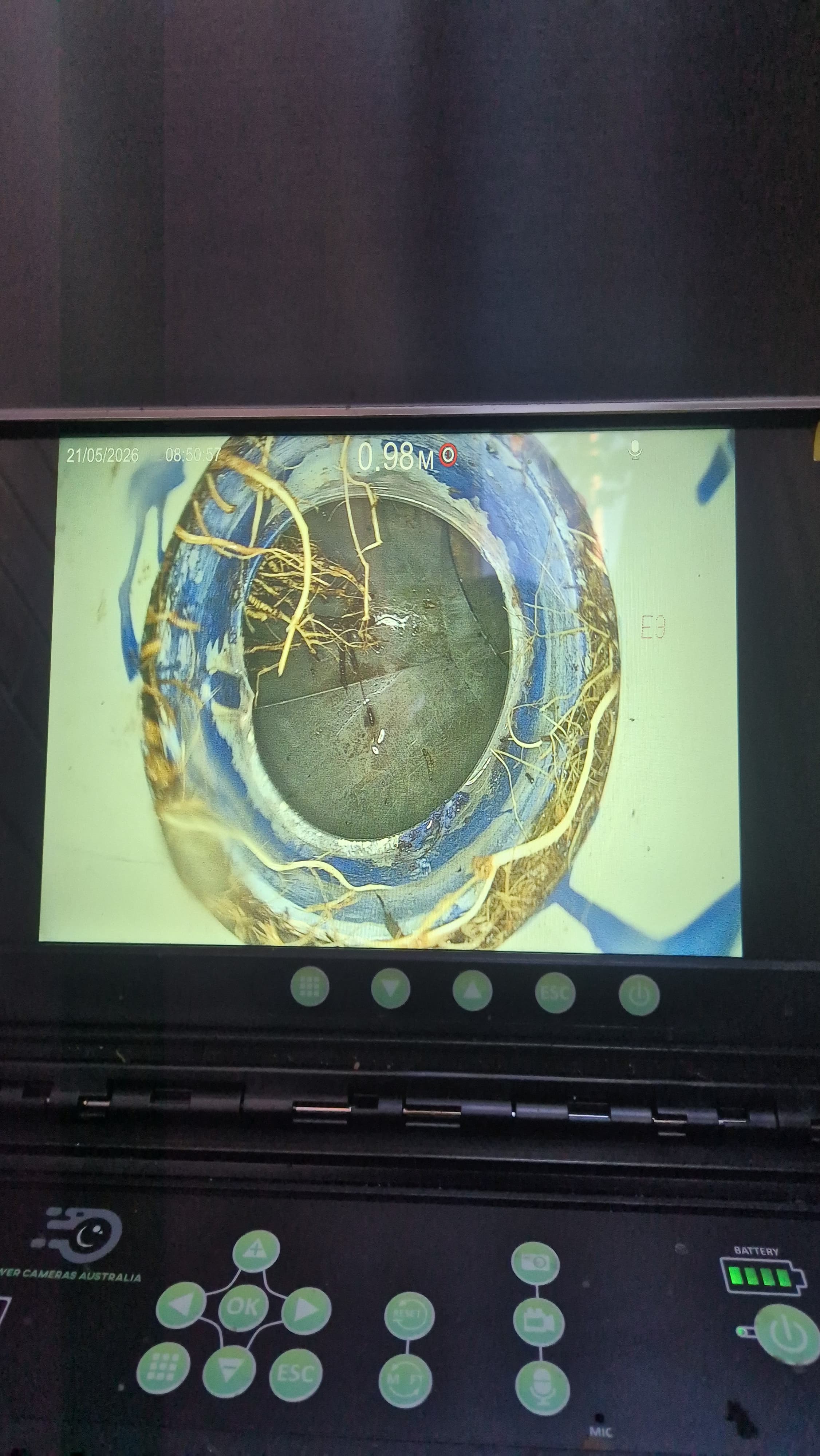 CCTV drain camera showing tree roots inside a drain pipe in Castle Hill